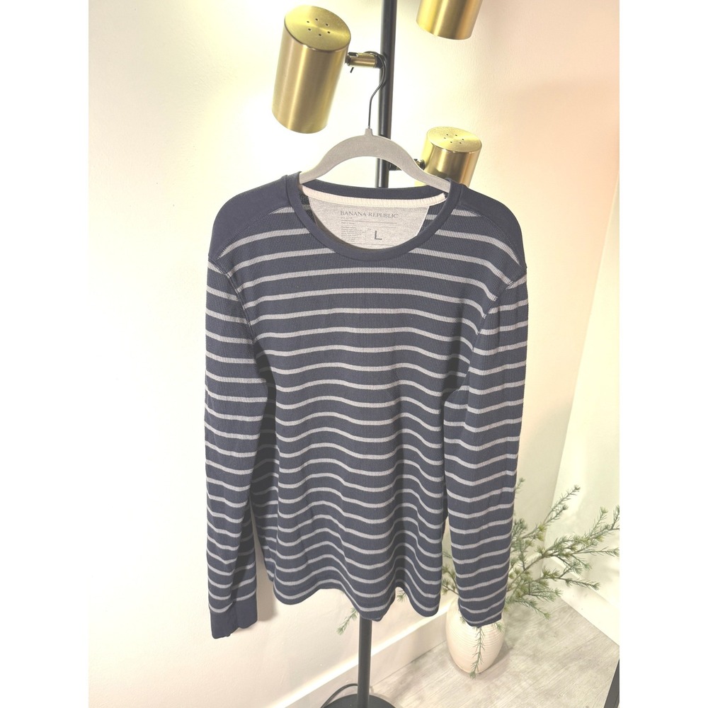 Banana Republic Mens Navy Grey Striped Waffle Knit Thermal Long Sleeve Shirt L